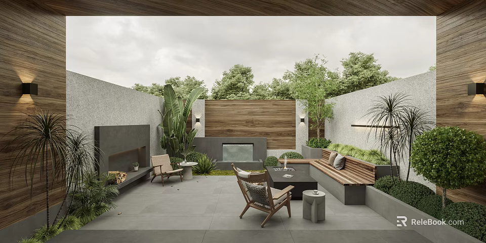 Modern Garden Landscape With Wooden Screen Fireplace Sofa Chairs And Gray Patio Tiles 3d model 