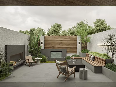 Modern Garden Landscape With Wooden Screen Fireplace Sofa Chairs And Gray Patio Tiles 3d model