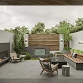 Modern Garden Landscape With Wooden Screen Fireplace Sofa Chairs And Gray Patio Tiles