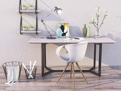 Modern Home Office Desk With White Chair Table Lamp Green Plants And Wall Shelf 3d model