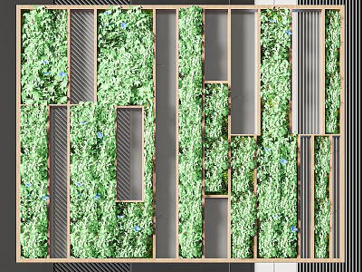 Indoor Vertical Green Wall With Wooden Frame And Geometric Lush Plants 3d model
