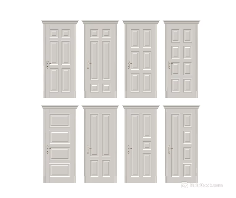 White Hinged Doors With Various Panel Designs And Styles For Home Interior 3d model