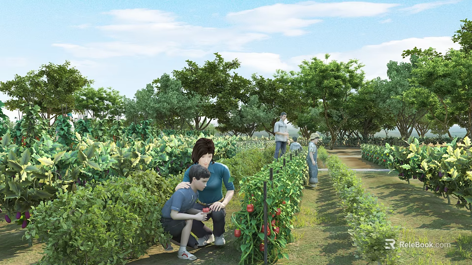 Family Tending Vegetable Garden With Green Plants And Trees On Sunny Day 3d model 