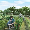 Family Tending Vegetable Garden With Green Plants And Trees On Sunny Day