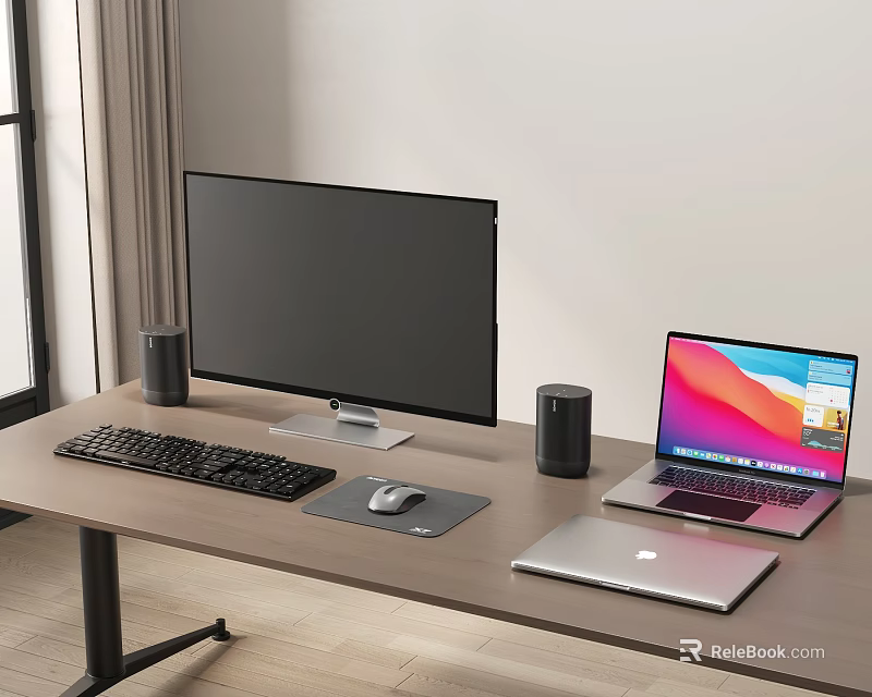 Modern Computer Workstation Setup With Monitor Laptops Keyboard Mouse And Speakers 3d model 