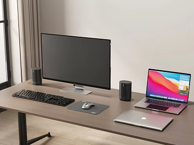 Modern Computer Workstation Setup With Monitor Laptops Keyboard Mouse And Speakers 3d model