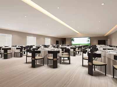 Spacious Modern Restaurant Interior Featuring Round Tables Chairs Projection Screen And Large Windows 3d model