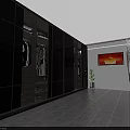 Modern Walk in Closet Interior With Black Wardrobes Hanging Clothes TV Plant And Decorative Lamp