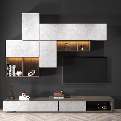 Grey Modern TV Background Cabinet With LED Lighting Open Shelves And Decorative Items 3d model