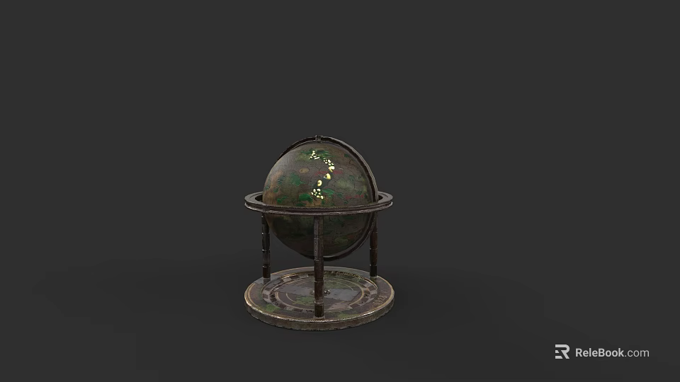 Vintage Carved Globe Sculpture With Ornate Metal Stand And Textured Surface 3d model 