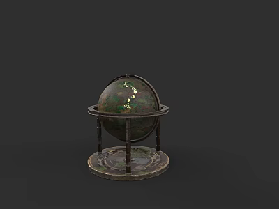 Vintage Carved Globe Sculpture With Ornate Metal Stand And Textured Surface 3d model