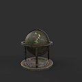 Vintage Carved Globe Sculpture With Ornate Metal Stand And Textured Surface