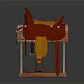 Red And Orange Saddle Resting On Wooden Stand For Daily Household Use