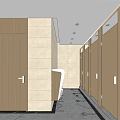 Modern Public Restroom Interior With Wooden Stall Doors And Clean Washbasin Design