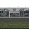 Modern Car Showroom Interior With Wooden Walls Marble Logo Wall Display Screens And Ceiling Lights