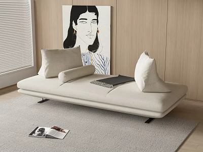 Beige Sectional Sofa With Soft Cushions On Light Rug By Wooden Wall And Artwork 3d model