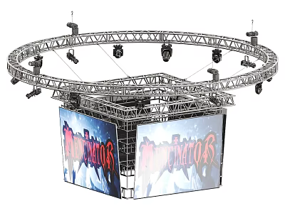 Large Stage Setup with Circular Metal Truss Overhead Lighting Fixtures and Gladiator Screens 3d model