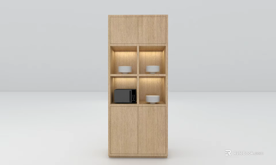 Modern Light Wood Sideboard With Open Shelves White Bowls And Microwave 3d model 