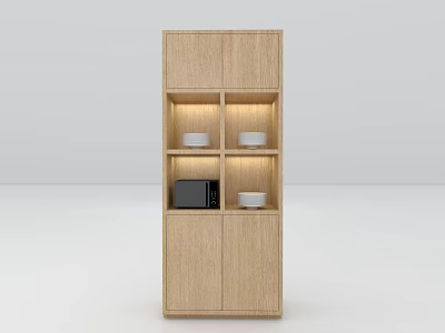 Modern Light Wood Sideboard With Open Shelves White Bowls And Microwave 3d model