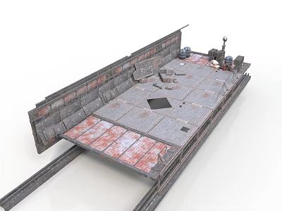 Industrial Abandoned Railway Platform With Broken Metal Plates Brick Wall And Tracks 3d model