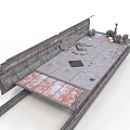 Industrial Abandoned Railway Platform With Broken Metal Plates Brick Wall And Tracks