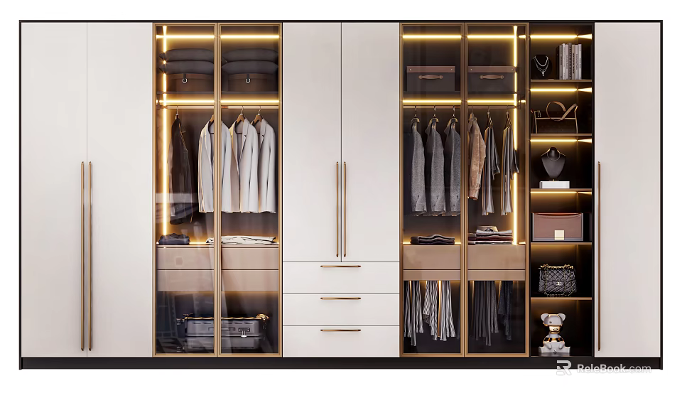 Modern Wardrobe Interior Design With Glass Doors Hanging Clothes Drawers And Lighting 3d model 