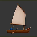Wooden Toy Sailboat With White Sail Blue Cargo Oar And Reflection On Dark Surface