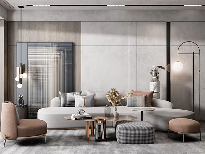 Modern Living Room Sofa Coffee Table Set With Accent Chairs And Decorative Vases 3d model