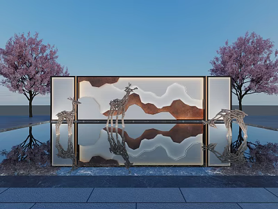 Feature Wall Design with Giraffe Sculptures Mountain Pattern and Pink Flowering Trees Water Reflection 3d model