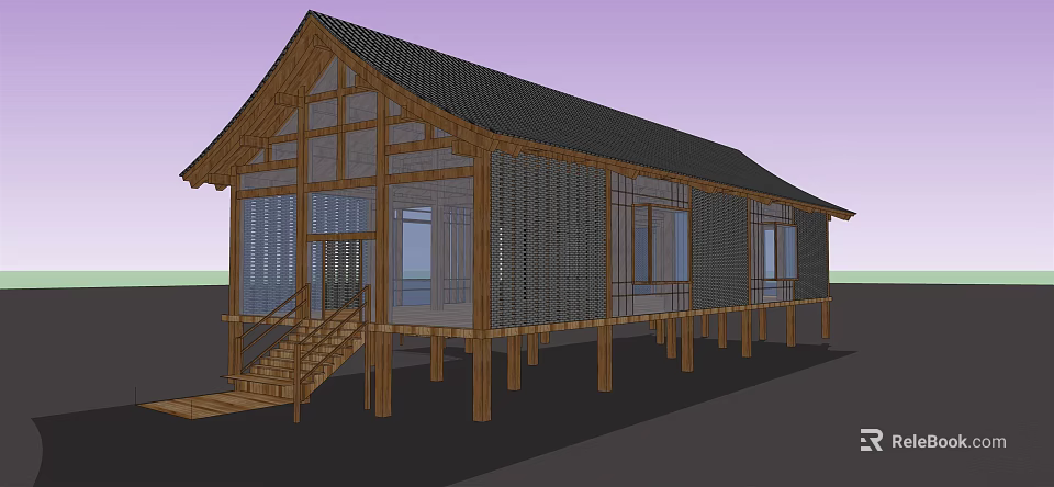 Traditional Wooden Building With Black Tiled Roof Elevated Pillars Lattice Walls And Staircase 3d model 