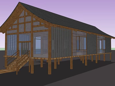 Traditional Wooden Building With Black Tiled Roof Elevated Pillars Lattice Walls And Staircase 3d model