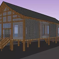 Traditional Wooden Building With Black Tiled Roof Elevated Pillars Lattice Walls And Staircase