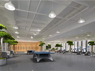 Modern Indoor Recreational Space With Pendant Lights Green Plants Ping Pong Table And Fitness Equipment 3d model