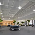 Modern Indoor Recreational Space With Pendant Lights Green Plants Ping Pong Table And Fitness Equipment