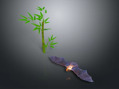 Realistic Flying Bat With Spread Wings Near Green Bamboo Plant On Dark Gray Background 3d model