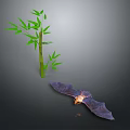 Realistic Flying Bat With Spread Wings Near Green Bamboo Plant On Dark Gray Background
