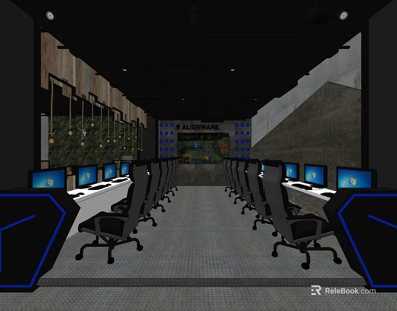 Modern Spacious Internet Cafe Interior With Multiple Computers And Ergonomic Chairs 3d model 