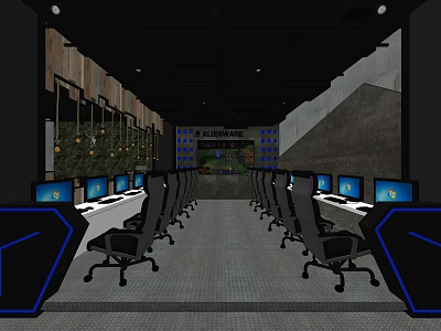 Modern Spacious Internet Cafe Interior With Multiple Computers And Ergonomic Chairs 3d model