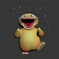 Cute Yellow Duck With Big Eyes 3D Cartoon Character And Blue Bubbles