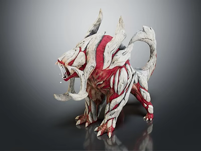 Fierce Fantasy Creature 3D Model With Red White Spiked Design Sharp Horns And Tail 3d model