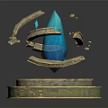Floating Blue Crystal With Ornate Golden Arched Decorations On Decorative Base