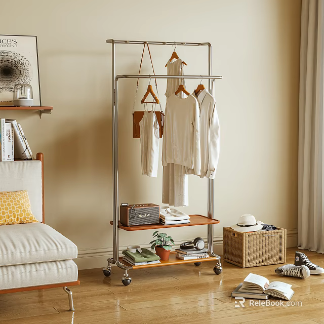 Mobile Metal Clothes Rack With Hanging White Clothes Wooden Shelf Storage Box And Shoes 3d model 