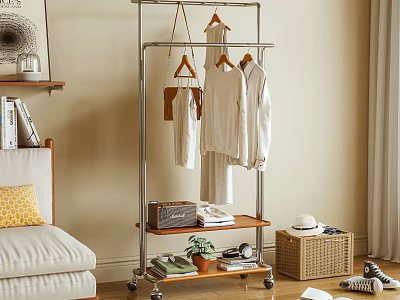 Mobile Metal Clothes Rack With Hanging White Clothes Wooden Shelf Storage Box And Shoes 3d model