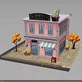 Pink Ice Cream Shop Building with Striped Awning Red Mailbox Orange Trees and Flower Pots