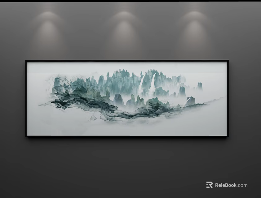 Serene Ink Landscape Painting Featuring Green Mountains Trees And Mist On Gray Wall With Spotlights 3d model 