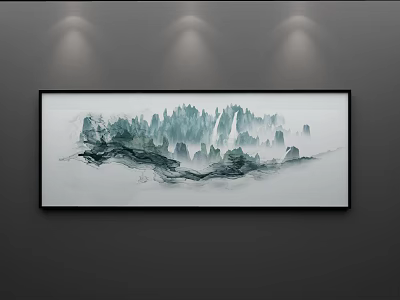 Serene Ink Landscape Painting Featuring Green Mountains Trees And Mist On Gray Wall With Spotlights 3d model