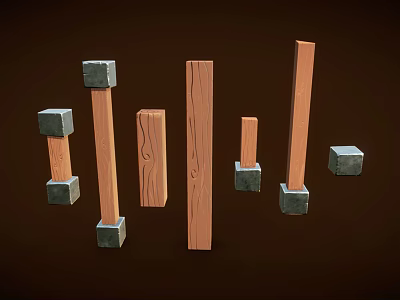 Various Styles Of Wooden Columns With Square Bases On Dark Brown Background 3d model