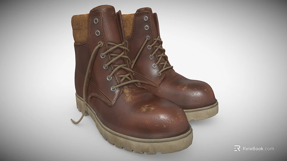 Brown Leather Work Boots with Laces Metal Eyelets Thick Sole and Collar Lining 3d model 