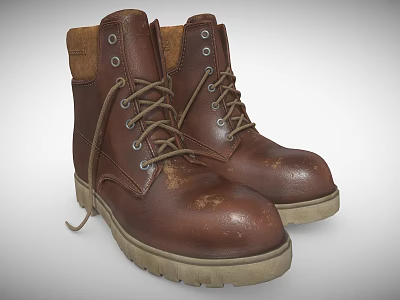 Brown Leather Work Boots with Laces Metal Eyelets Thick Sole and Collar Lining 3d model
