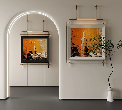 Modern Abstract Paintings with Orange White Hues in Framed Artwork and Potted Plant Decor 3d model